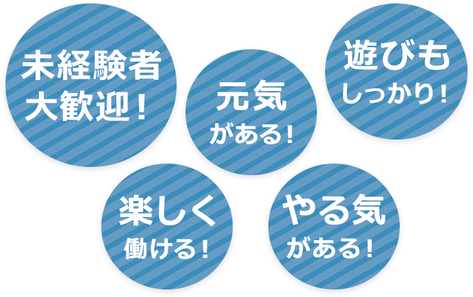 未経験歓迎！、元気がある！、遊びもしっかり！、楽しく働ける！、やる気がある！